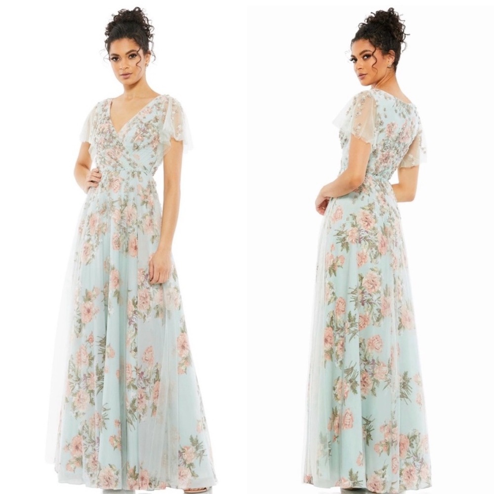 Mac Duggal 11220 V-Neck Floral Beaded Dress NWT Pastel Blue Multi 6